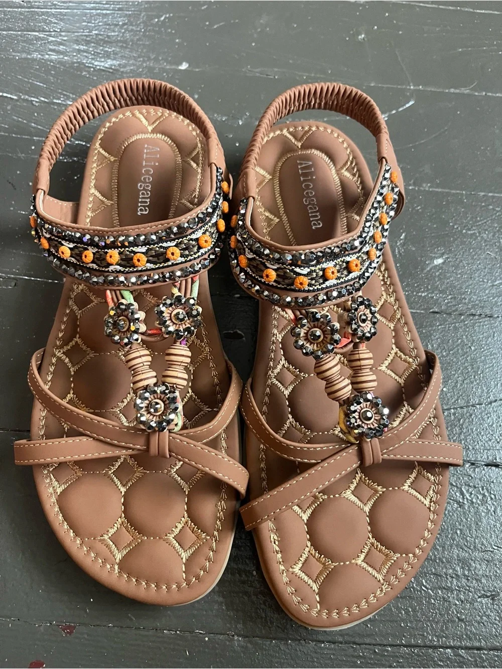 Brown Beaded T-Strap Slingback Sandals